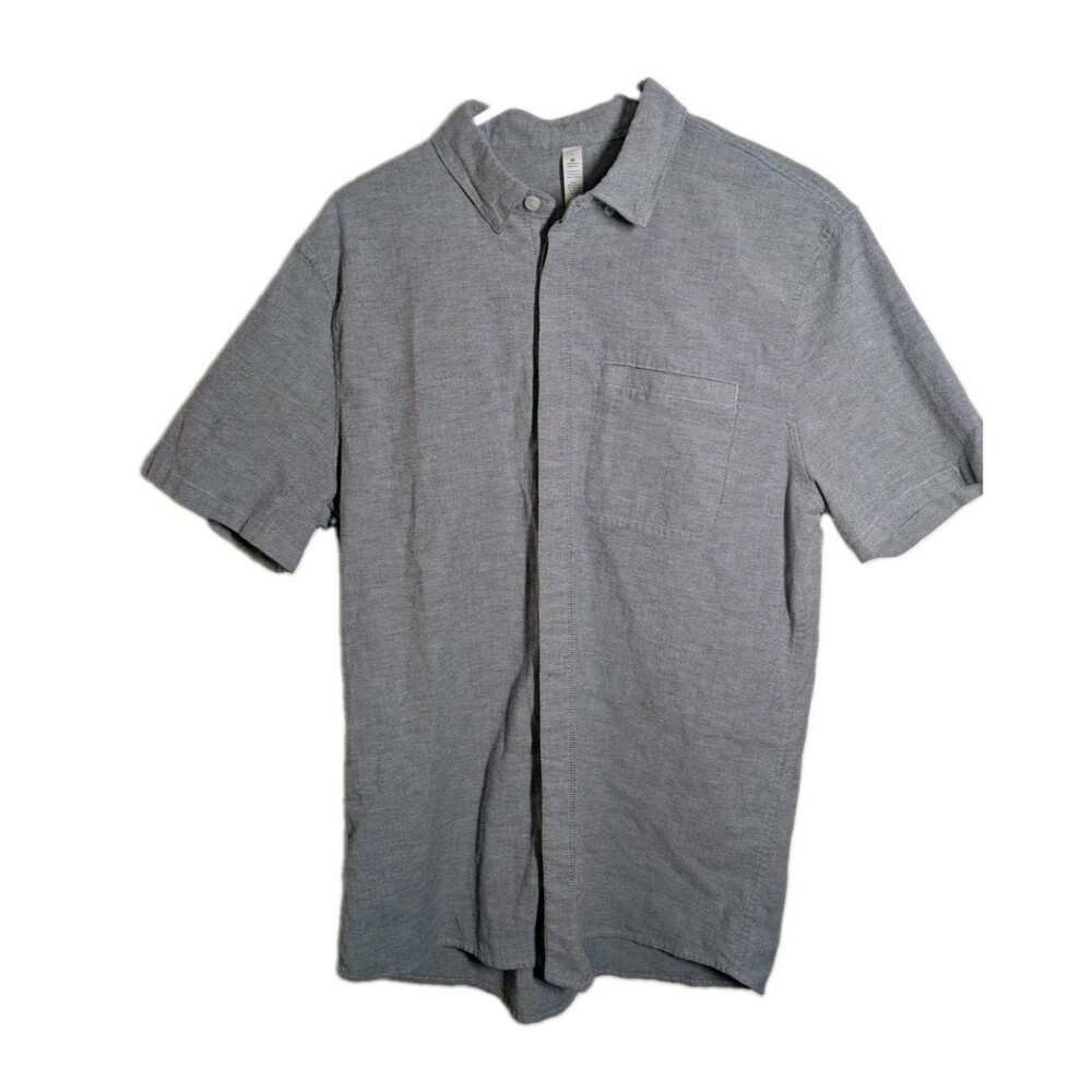 Lululemon Mens Chambray Short Sleeve Button Down Shirt Large Gray/Blue